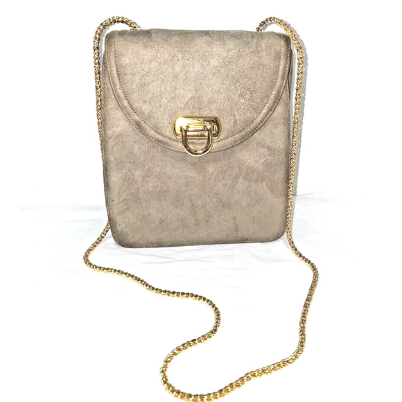 Frenchy of California taupe suede & leather shoulder bag purse gold chain handle - Picture 1 of 9